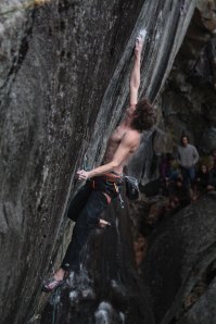 Making dynamic moves between small holds - typically the hardest moves we encounter -  requires substantial muscular power.  Dave Graham on Jaws II.