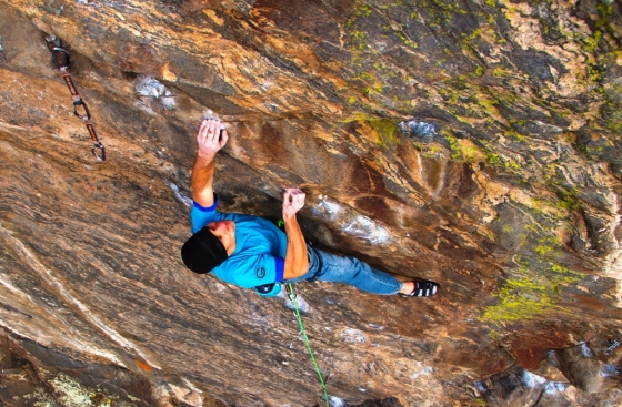 Battling shallow slopers and thin crimps on the ‘Mission’ crux – the lower half of Mission Impossible.